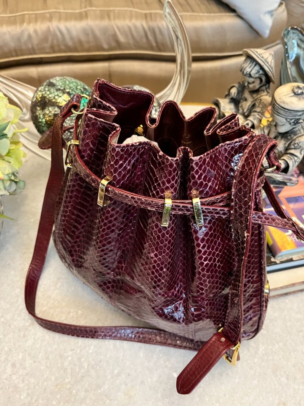 vintage snakeskin drawstring satchel wine gold trim handbag - Picture 2 of 7